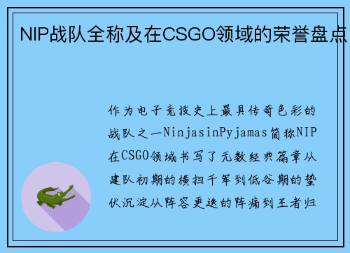 NIP战队全称及在CSGO领域的荣誉盘点